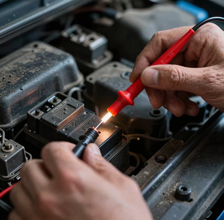 Hands of a technician checking a car's fuse box with a test light, glowing orange filament, gritty workshop environment, macro focus