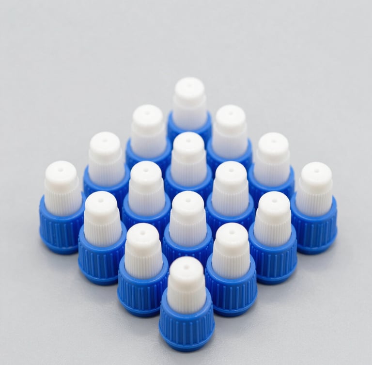 Macro photography of blue and white plastic dropper caps arranged in a precise geometric grid, high-key studio lighting, clean slate grey background, sharp details