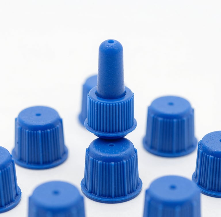Macro photo of sterile blue plastic dropper caps on a high-key clean white background, sharp industrial focus, studio lighting