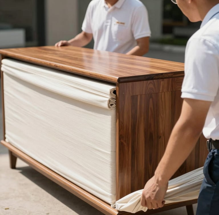Close-up shot of professional movers in clean uniforms wrapping a polished wooden cabinet with thick protective layers, bright natural daylight, sharp focus, 35mm