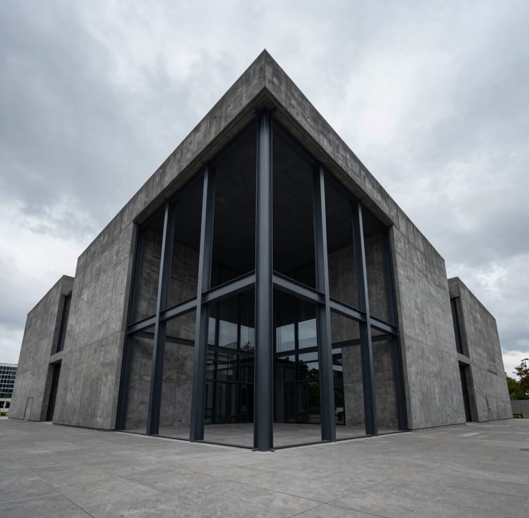 Symmetrical wide-angle exterior shot of a modern dark concrete and steel corporate pavilion under overcast gray sky, clean lines, architectural geometry.