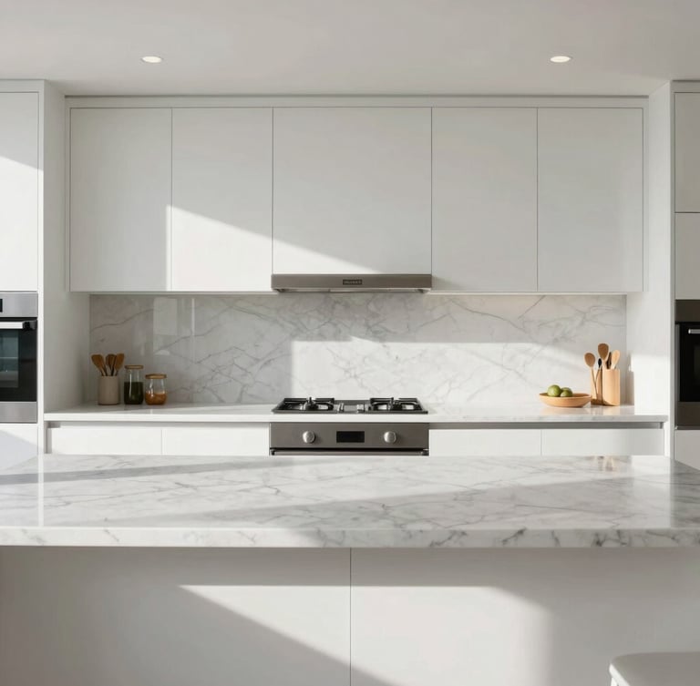 A bright, airy modern residential kitchen with immaculate white marble countertops and spotless glass fixtures, flooded with natural midday sun, straight-on architectural crop.