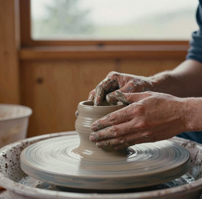 Candid close-up of hands-on pottery workshop in a warm cedar-walled studio, natural soft daylight from an overcast sky, clay-covered fingers shaping a vessel, 35mm film texture