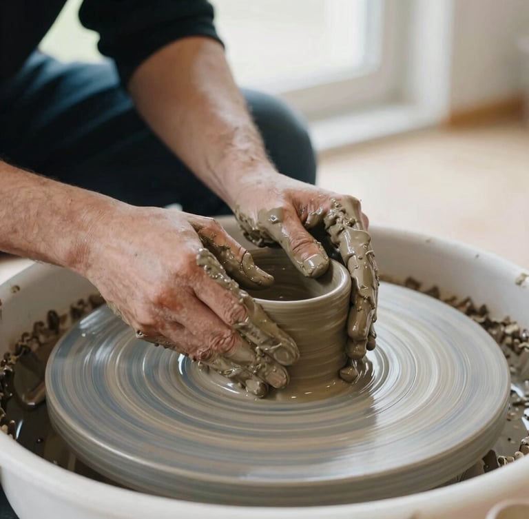 Close-up documentary shot of hands molding wet clay on a pottery wheel, soft natural light from a nearby window, earthy cedar tones, focused and tactile.