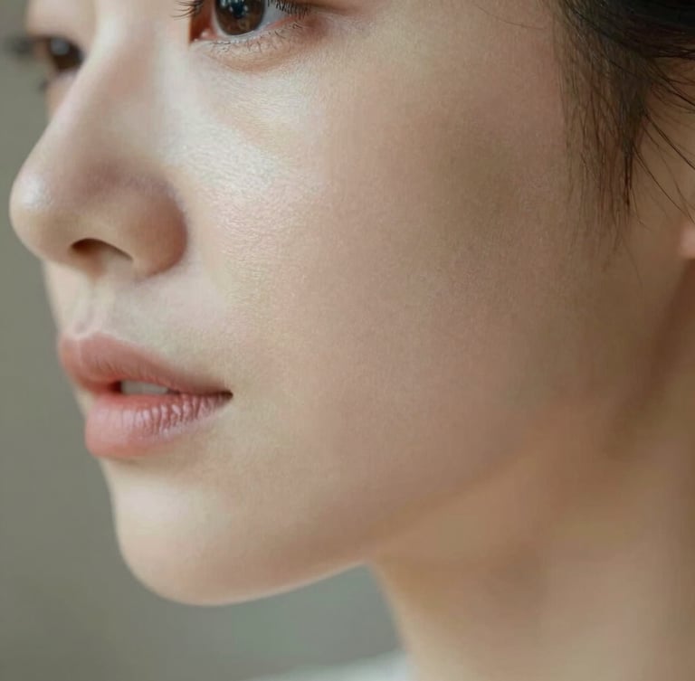 Macro portrait of real skin texture under diffused natural light, soft focus on a bride's luminous cheekbone, elegant and clean composition.