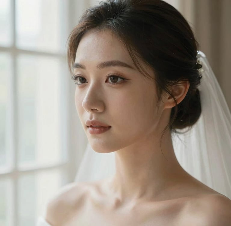 Close-up portrait of a bride in soft morning window light, flawless luminous skin texture visible, elegant styling, soft focus background.