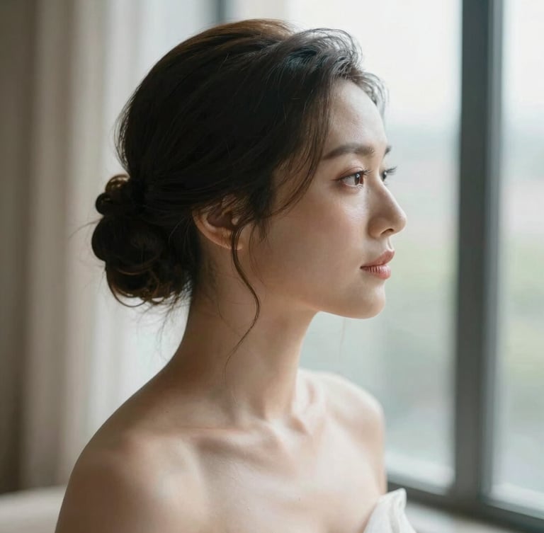 Cinematic, soft-focus bridal portrait in diffused natural morning light, close-up profile of a bride with luminous skin texture and elegant hair styling, looking out a tall window, soft neutral tones.