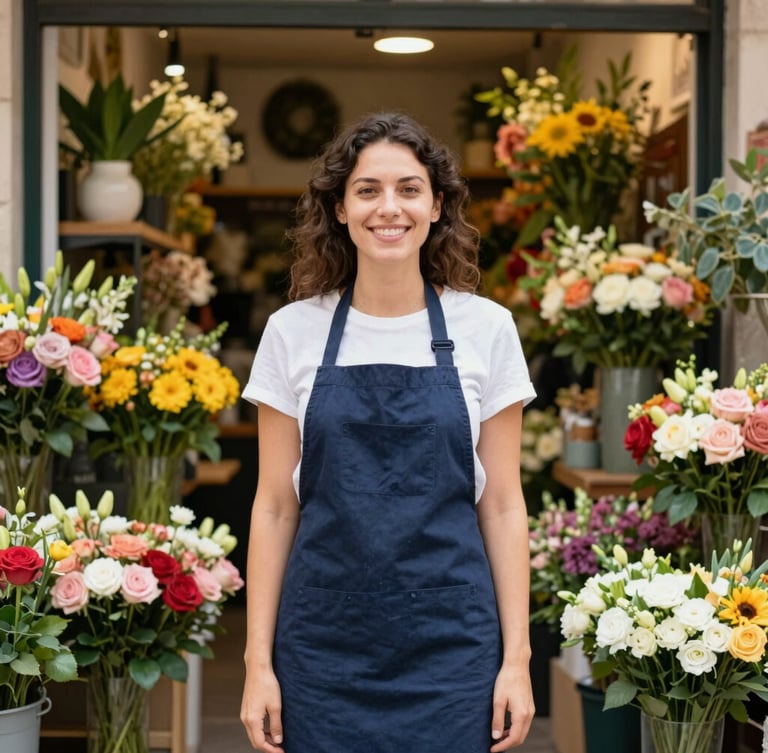 Medium environmental portrait of a smiling female florist in her colorful Madrid shop, surrounded by fresh flowers and warm natural daylight, 35mm lens.