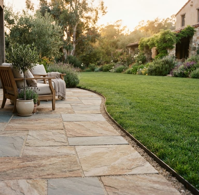 Low-angle wide shot of a completed natural stone patio meeting a lush green lawn, crisp joint lines, soft golden-hour daylight, warm editorial photography, 35mm