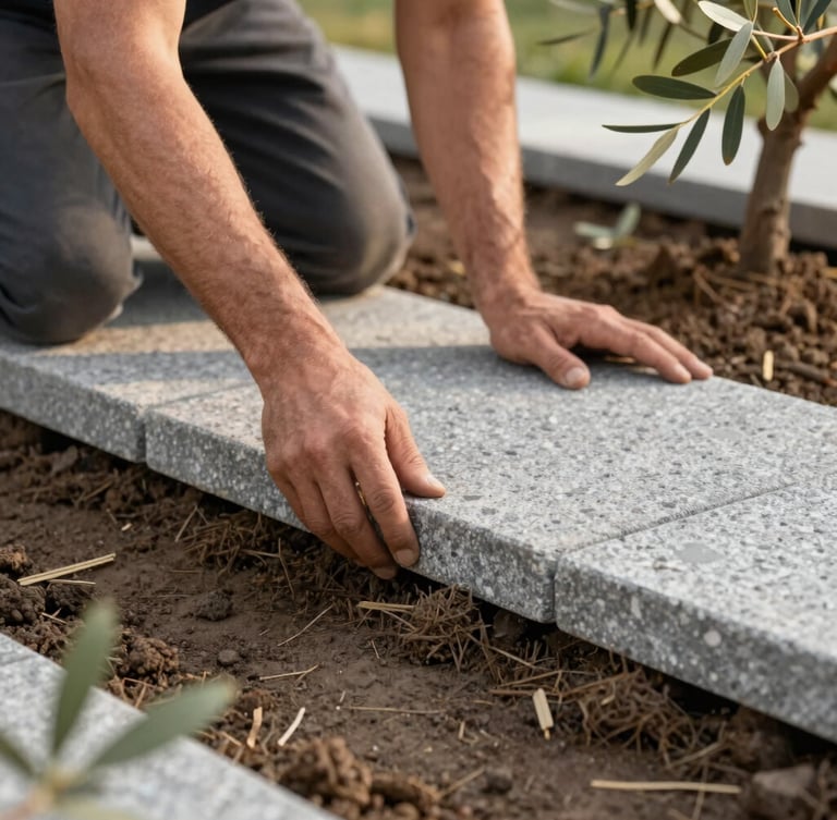 A professional landscape gardener in workwear carefully laying a grey sandstone paving slab onto a prepared mortar bed, close-up on hands and stone texture, natural overcast light.