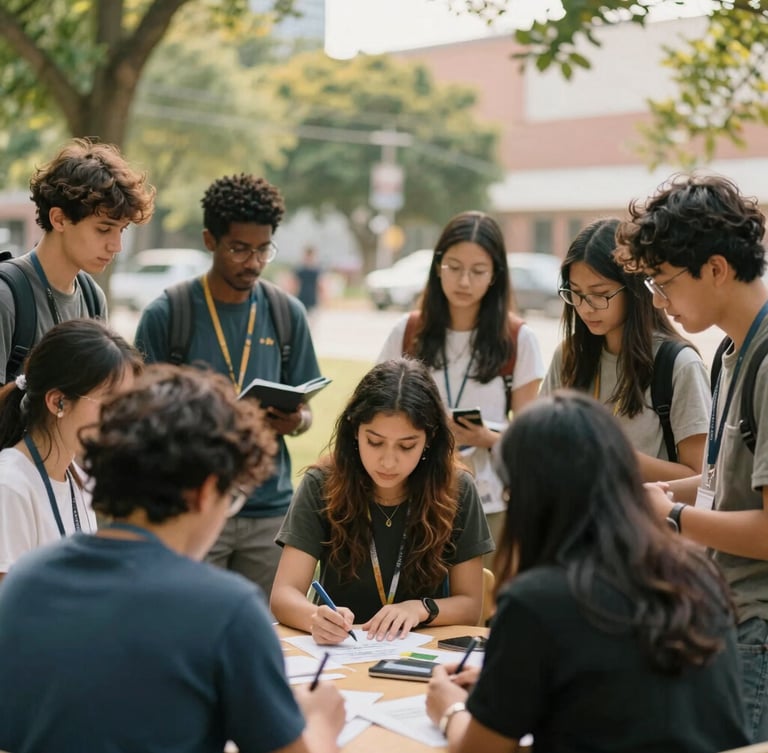 Medium environmental portrait of diverse community members and university students collaborating on a project in a green urban space, natural soft daylight, rich organic tones, candid, 35mm.