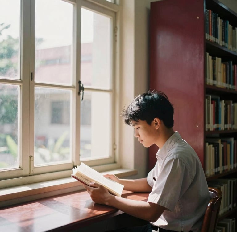 Warm editorial portrait of a clean, sunlit school library in Bandung, a student reading near a window, soft natural daylight, rich maroon and cream tones, 35mm