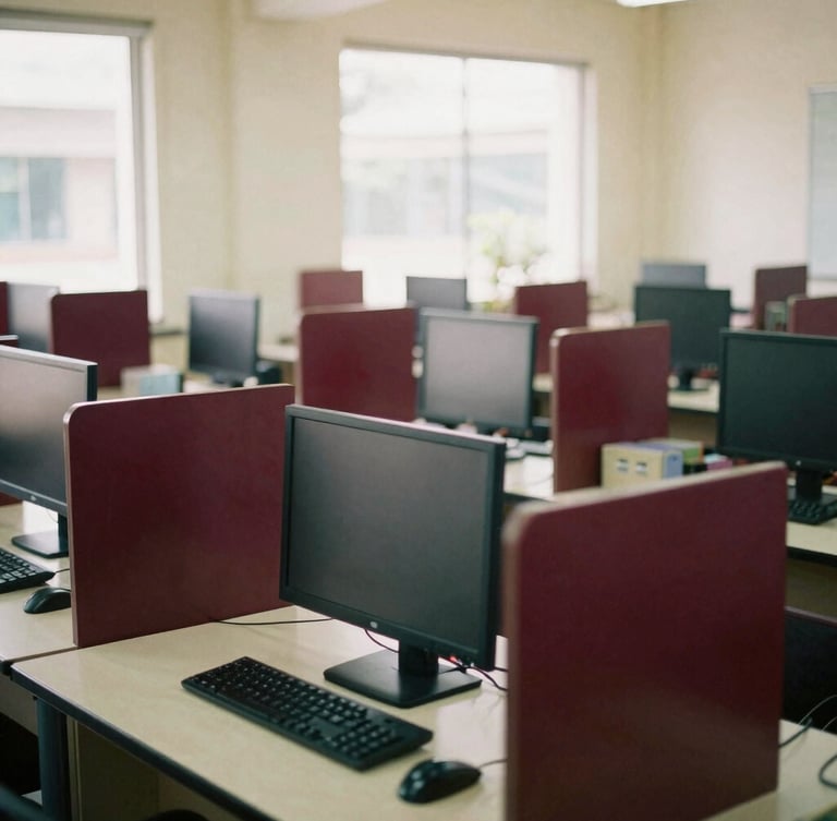 A modern, bright computer laboratory in Bandung school, clean rows of monitors, natural daylight streaming through windows, 35mm