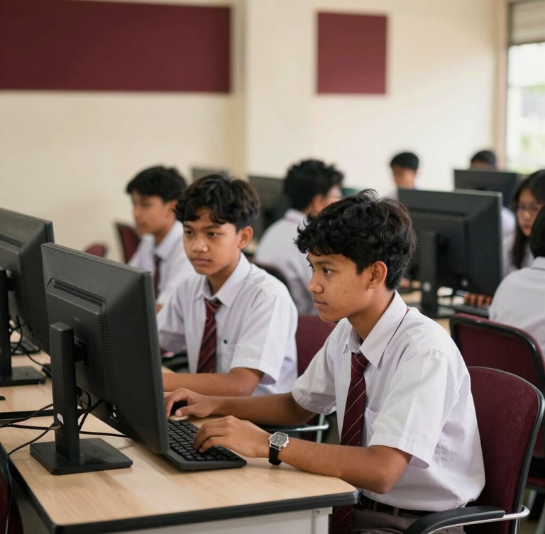 Candid eye-level photo of Indonesian high school students collaborating in a bright, modern computer laboratory, warm natural daylight, rich maroon accents, 35mm photography