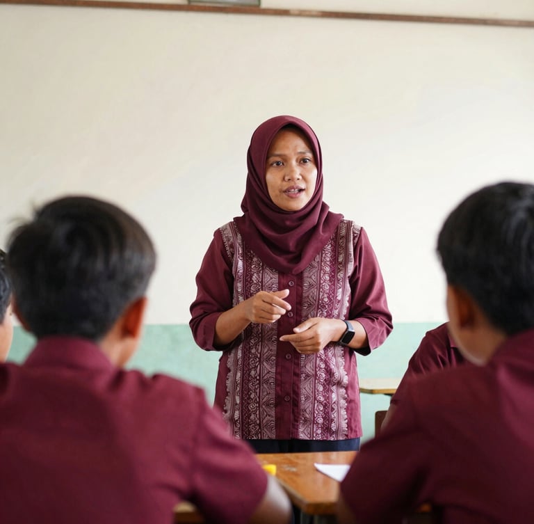 Candid eye-level portrait of a local Indonesian teacher explaining a concept to an engaged student in a bright, clean classroom, warm daylight, rich maroon details, 35mm.