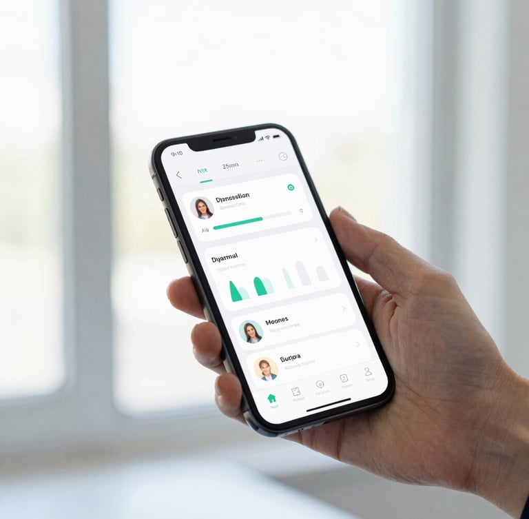 Close-up of a parent's hand holding a smartphone displaying a clean, modern dashboard interface with student progress charts and notifications, bright natural window light, shallow depth of field.