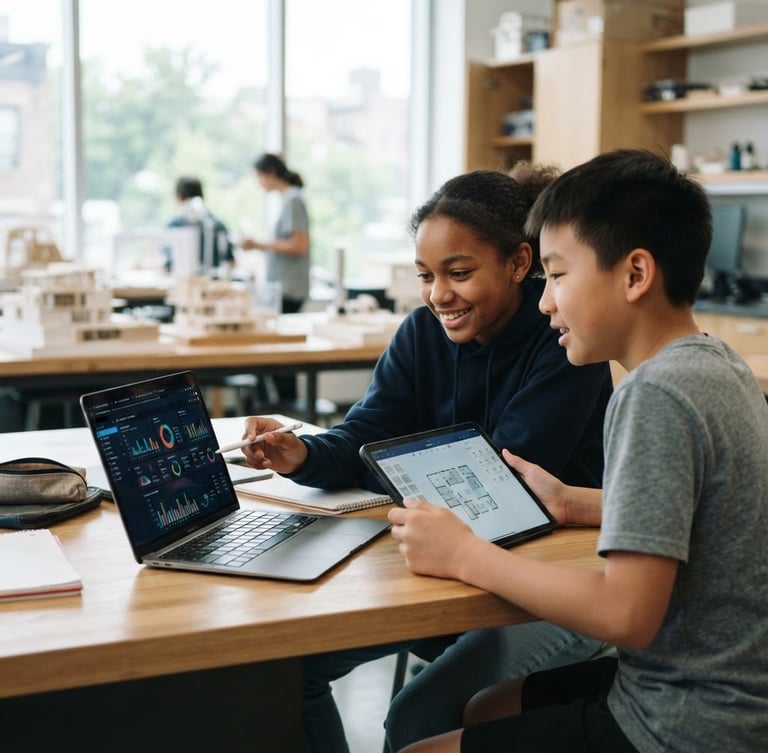 Medium-close shot of two diverse K-12 students collaborating over a tablet and laptop in a bright, modern architectural lab with natural window light, clean dashboard interfaces visible on screens, soft cool tones.