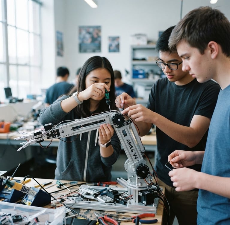 Students in a modern robotics workshop, collaborating intently on a complex robot, bright window light, shallow depth of field, focused on their hands and the robot.