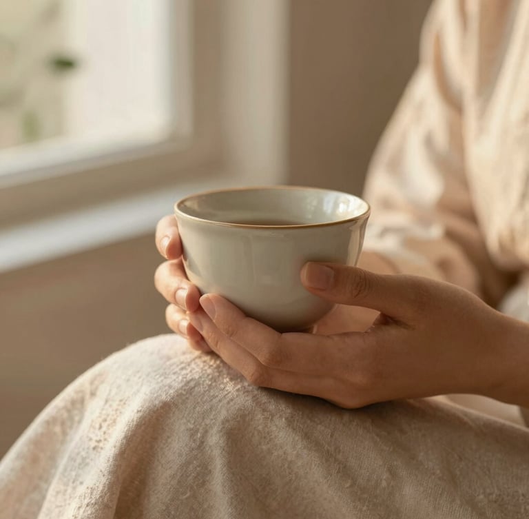 Close-up of elegant female hands holding a warm ceramic cup, soft linen fabric, warm golden hour light, peaceful and intimate atmosphere.