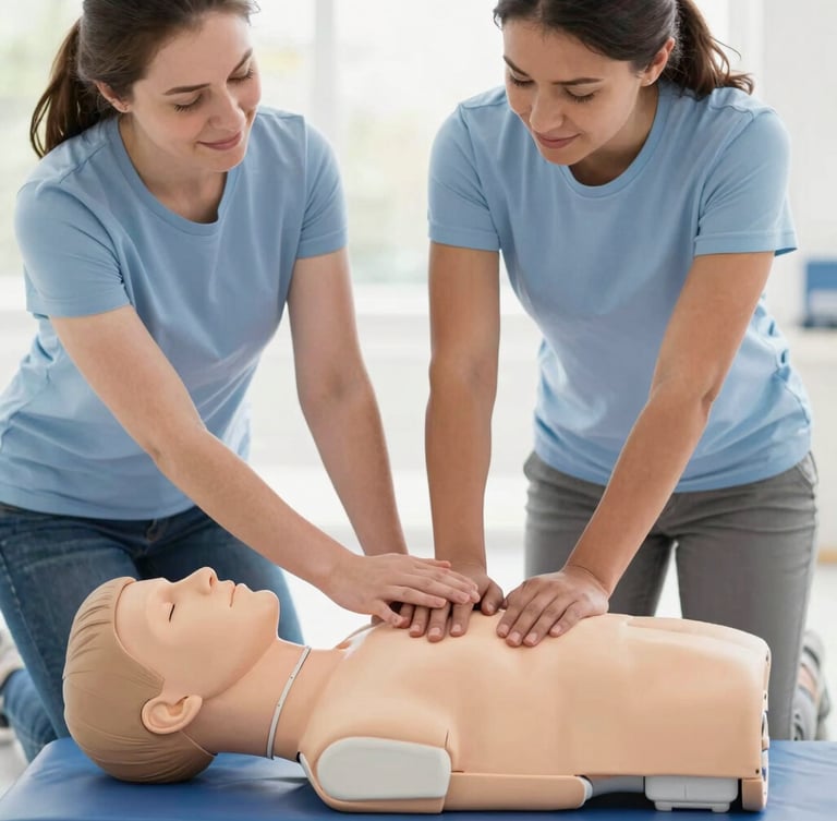 Medium eye-level shot of an instructor guiding a mother's hands on a CPR training mannequin, bright natural light, warm supportive environment.