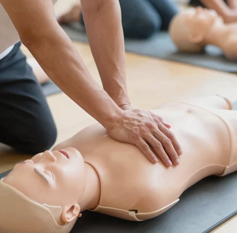 Close-up of hands demonstrating chest compressions on a training manikin during a brightly lit community workshop, warm realistic tones, sharp focus, 35mm lens.