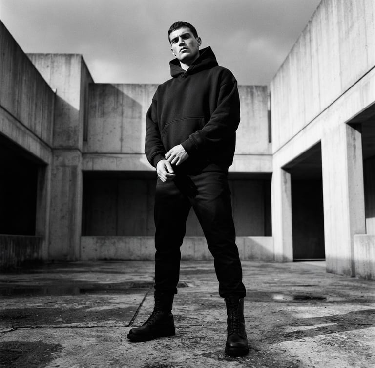 Low-angle heroic shot of a model wearing a structured black heavyweight hoodie in a minimalist concrete courtyard, dramatic side lighting, desaturated monochromatic tones.