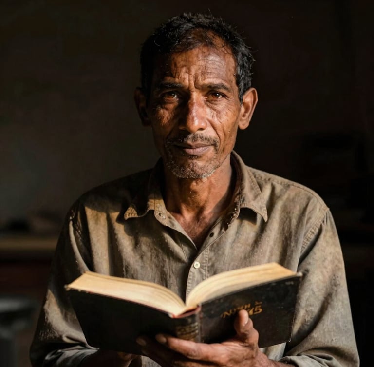 Intimate eye-level documentary portrait of a restored man holding an open Bible, warm natural golden light illuminating his face, deep shadow background, raw and hopeful, 35mm lens.