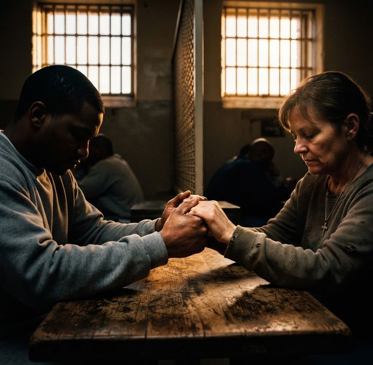 Dramatic documentary photography of a prison visitation room, warm golden-hour light streaming through high barred windows, hands clasped together in prayer across a worn wooden table, deep shadows, raw and emotional, 35mm lens.