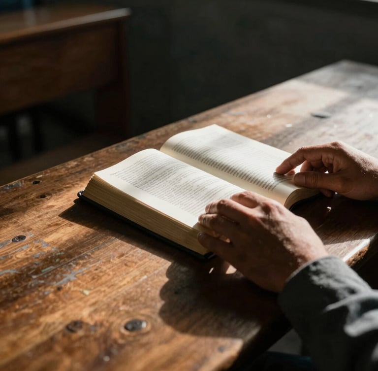 Close-up of hands holding an open Bible on a worn wooden table inside a prison chapel, dramatic high-contrast natural light casting long shadows, warm amber tones, raw emotional documentary style, 35mm lens.