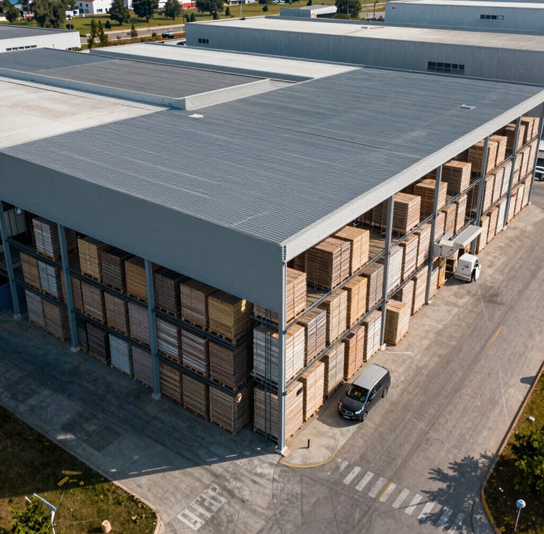 Vista aérea de un almacén industrial organizado con palés listos para distribución, iluminación clara y estructura metálica simétrica.