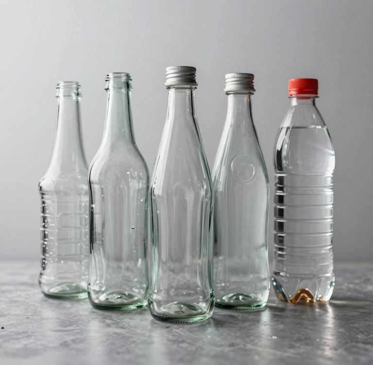 Plano medio de envases de vidrio y botellas de plástico PET alineados sobre una superficie metálica limpia, iluminación de estudio brillante y neutra, fondo gris claro
