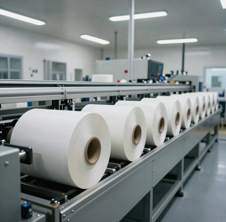Wide-angle industrial photograph of a clean, modern packaging manufacturing facility, rolls of raw materials aligned on precision machinery, neutral bright lighting, technical framing.