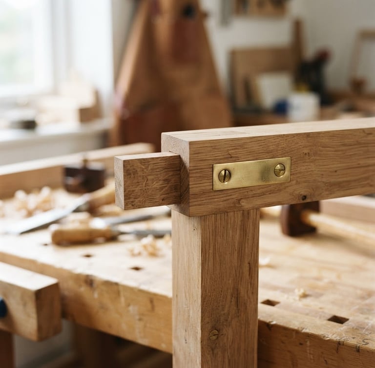Close-up of raw timber joints and polished brass details on a clean workshop table, bright natural daylight, shallow depth of field