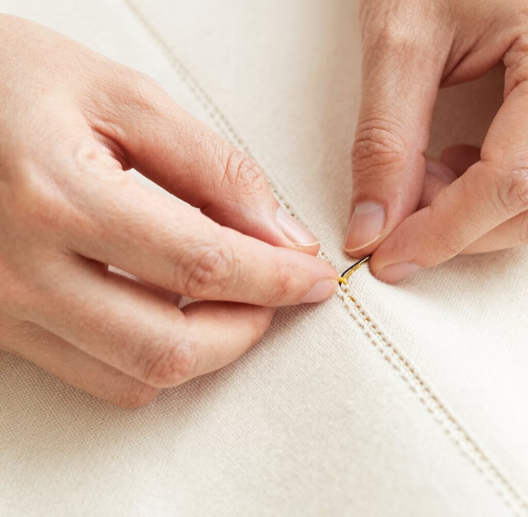 Close-up macro shot of a craftsman's hands hand-stitching a heavy canvas seam, natural high-key daylight, clean workshop setting.