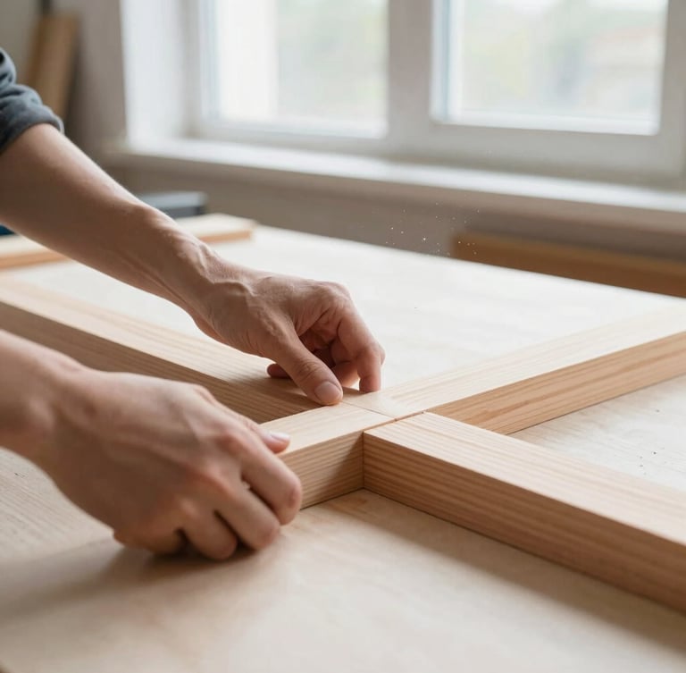 Hands of a fabricator carefully aligning a timber joint on a bright, clean workbench, natural window light, dust particles visible