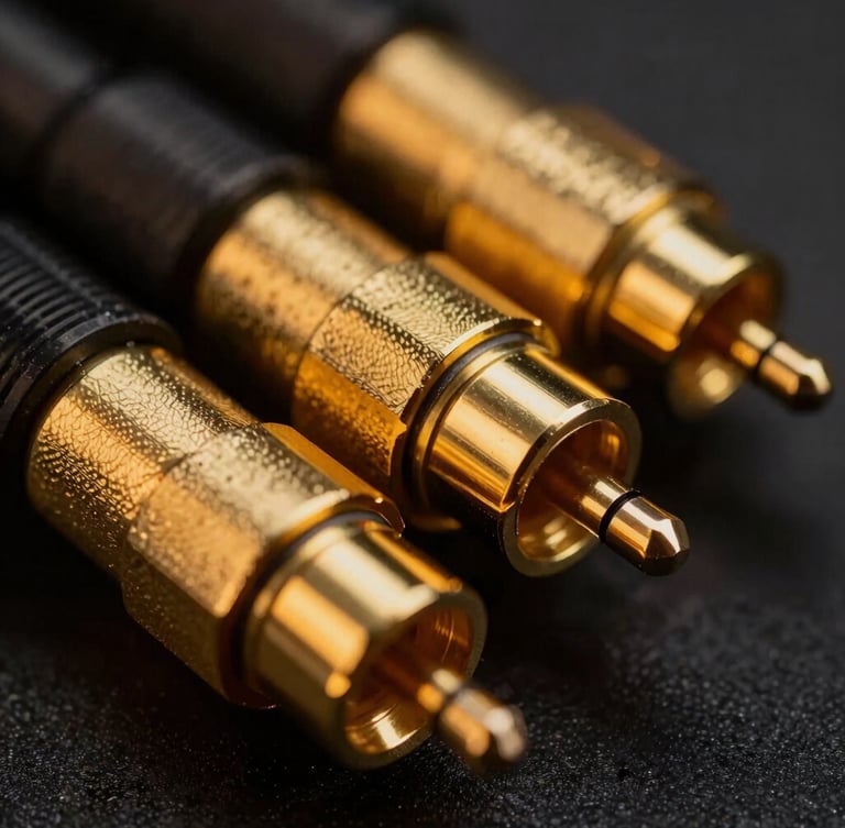 Macro close-up of heavy-duty gold-plated audio connectors under low-key amber rim lighting, showcasing metallic textures and precise industrial design.