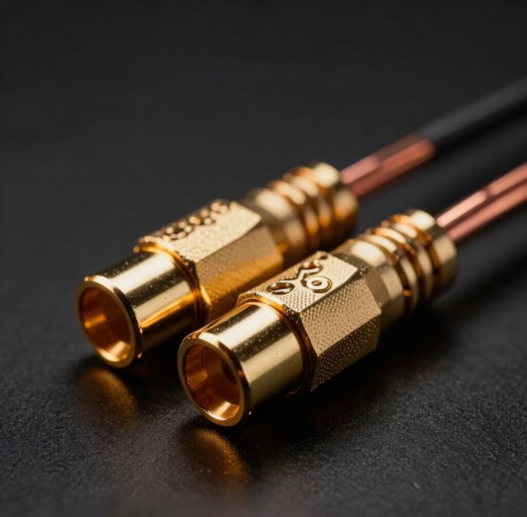 Extreme close-up of gold-plated XLR connectors and heavy-duty copper cables on a matte black surface, dramatic amber rim-lighting, low-key studio setting.
