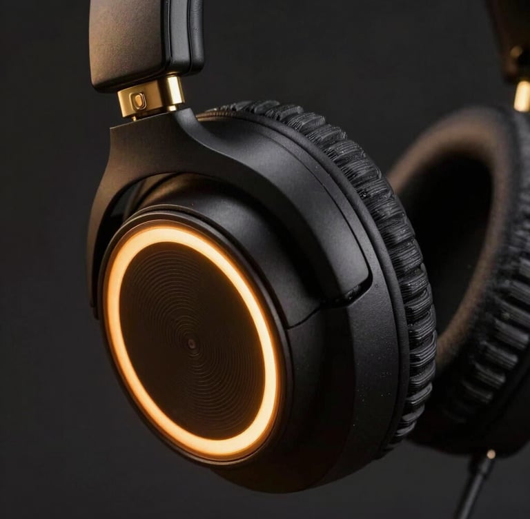 Extreme close-up of a premium matte black headphone chassis with gold-plated metallic accents, dramatic amber rim lighting, dark studio background.