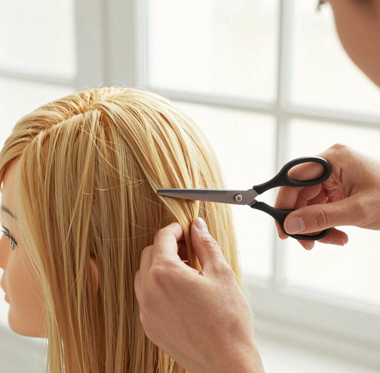Close-up of hands-on hair styling training on a mannequin, precise scissor work under bright natural window light, shallow depth of field, warm gold tones