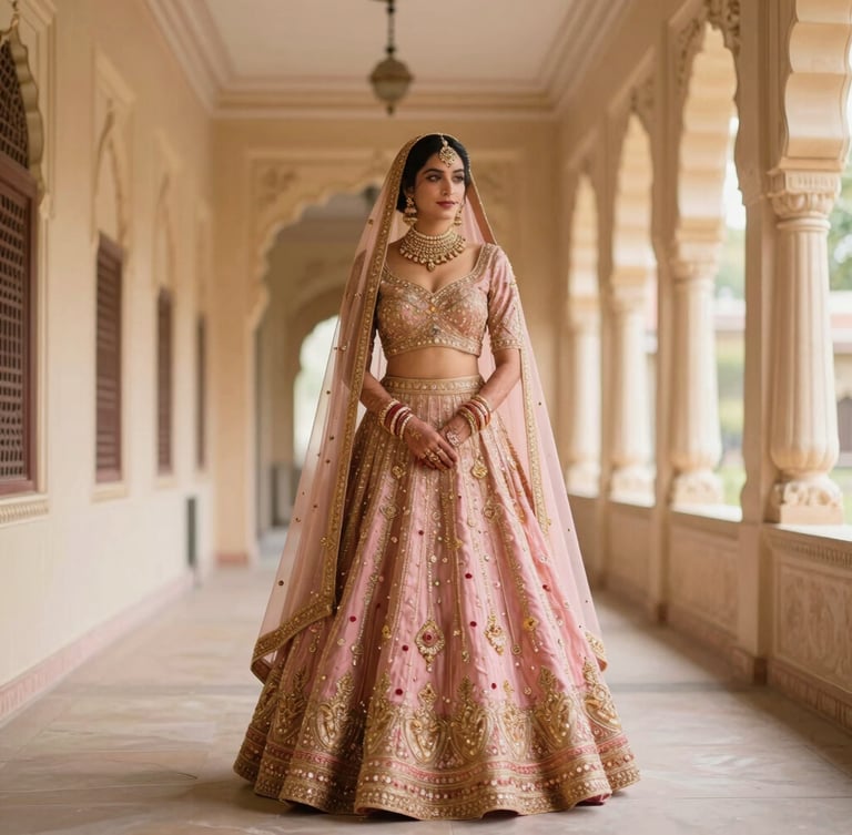 A stunning bridal lehenga in deep rose and gold, displayed in a naturally lit heritage palace corridor, soft window light, shallow depth of field