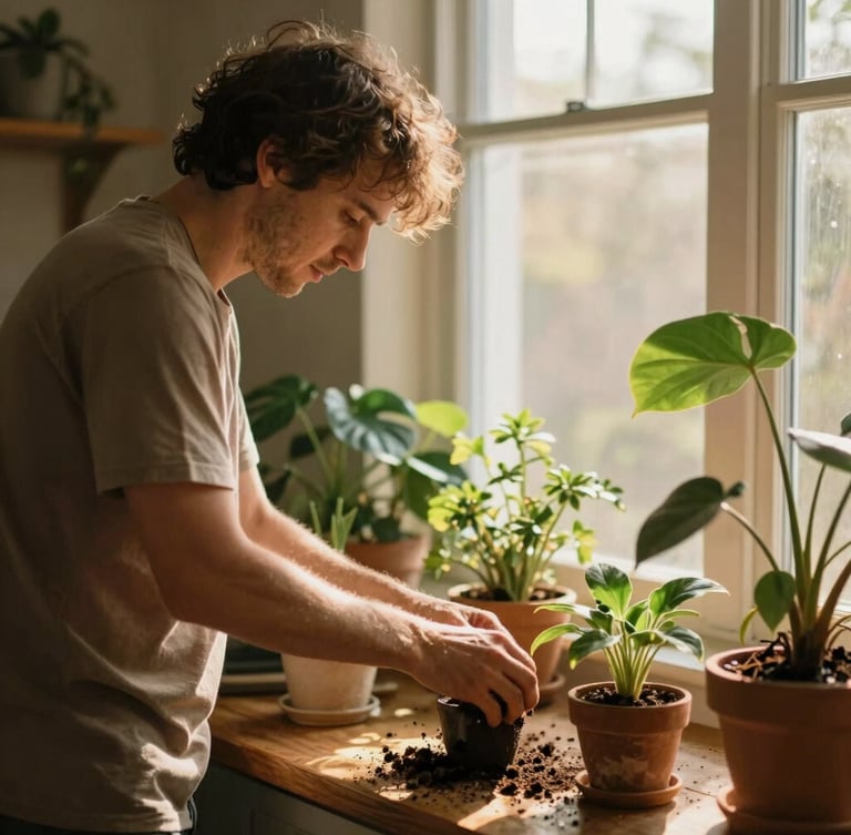 Warm editorial photography, soft natural golden-hour window light, a resident tending to indoor plants in a sunlit common room, shallow depth of field.