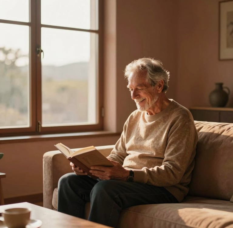 Warm golden-hour light streaming through a large window, a senior resident smiling while reading a book in a beautifully designed, minimalist terracotta-toned living room.