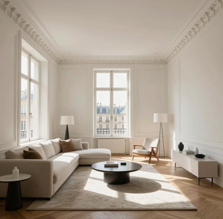 Wide architectural shot of a pristine, sunlit Parisian apartment living room with high ceilings, crown molding, minimalist premium furniture, natural daylight streaming through large windows, soft shadows.