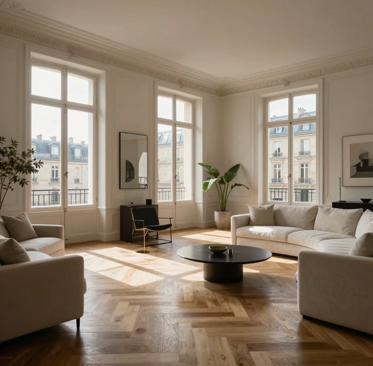 Wide architectural shot of a sunlit Parisian Haussmannian living room, high ceilings, pristine herringbone parquet floors, minimalist luxury furniture, soft natural daylight pouring through tall windows.