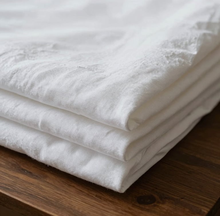 Close-up of crisp, perfectly folded white linen sheets resting on a dark wood table, soft natural side light