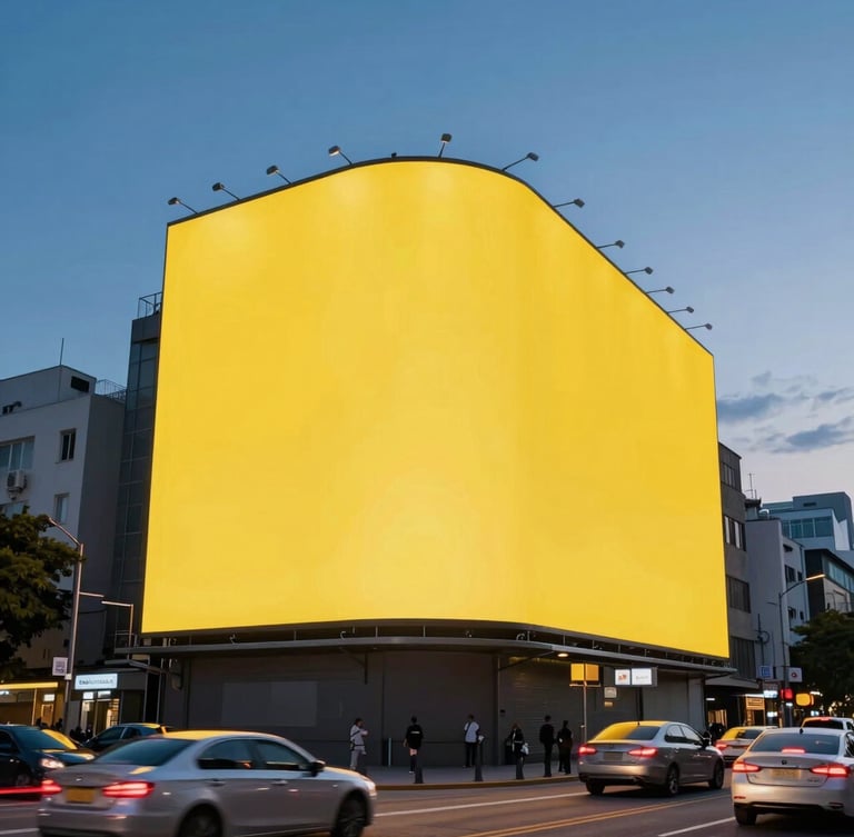 Low-angle perspective shot of a massive physical billboard on a busy urban avenue at dusk, vibrant yellow lighting, cars passing by leaving light trails.