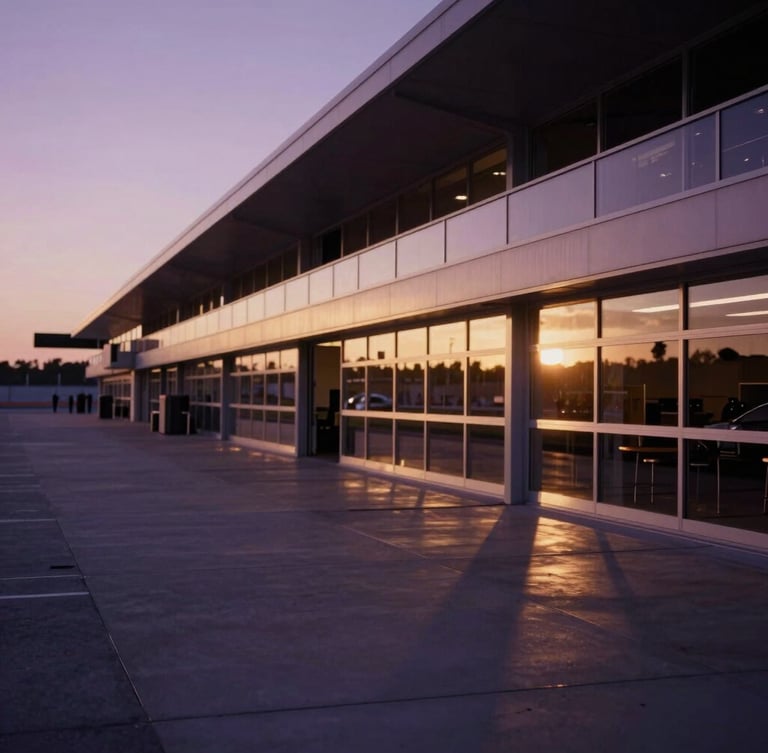 Cinematic editorial photography, twilight view of an empty racetrack paddock, soft golden-hour ambient light reflecting off architectural glass and polished concrete, 35mm.