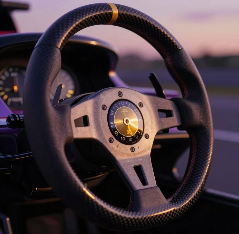 Cinematic editorial photography, close-up of a Formula 1 steering wheel with intricate carbon fiber detailing, soft golden twilight reflections on metallic dials, shallow depth of field.