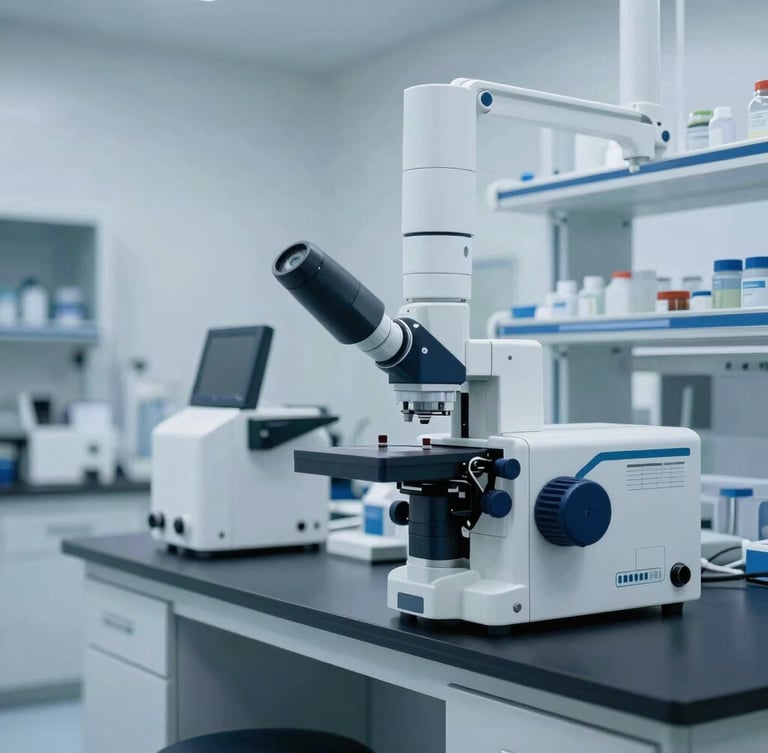 Clinical editorial photography of a high-tech laboratory environment with sterile medical equipment installations, cool crisp light, deep navy tones, sharp focus