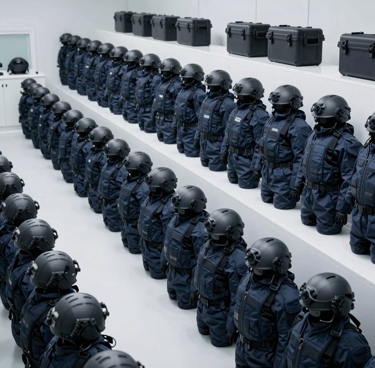 Non-armed tactical logistics warehouse, rows of protective gear, communication helmets, and transport cases, cool professional daylight, clinical editorial photography, 35mm.